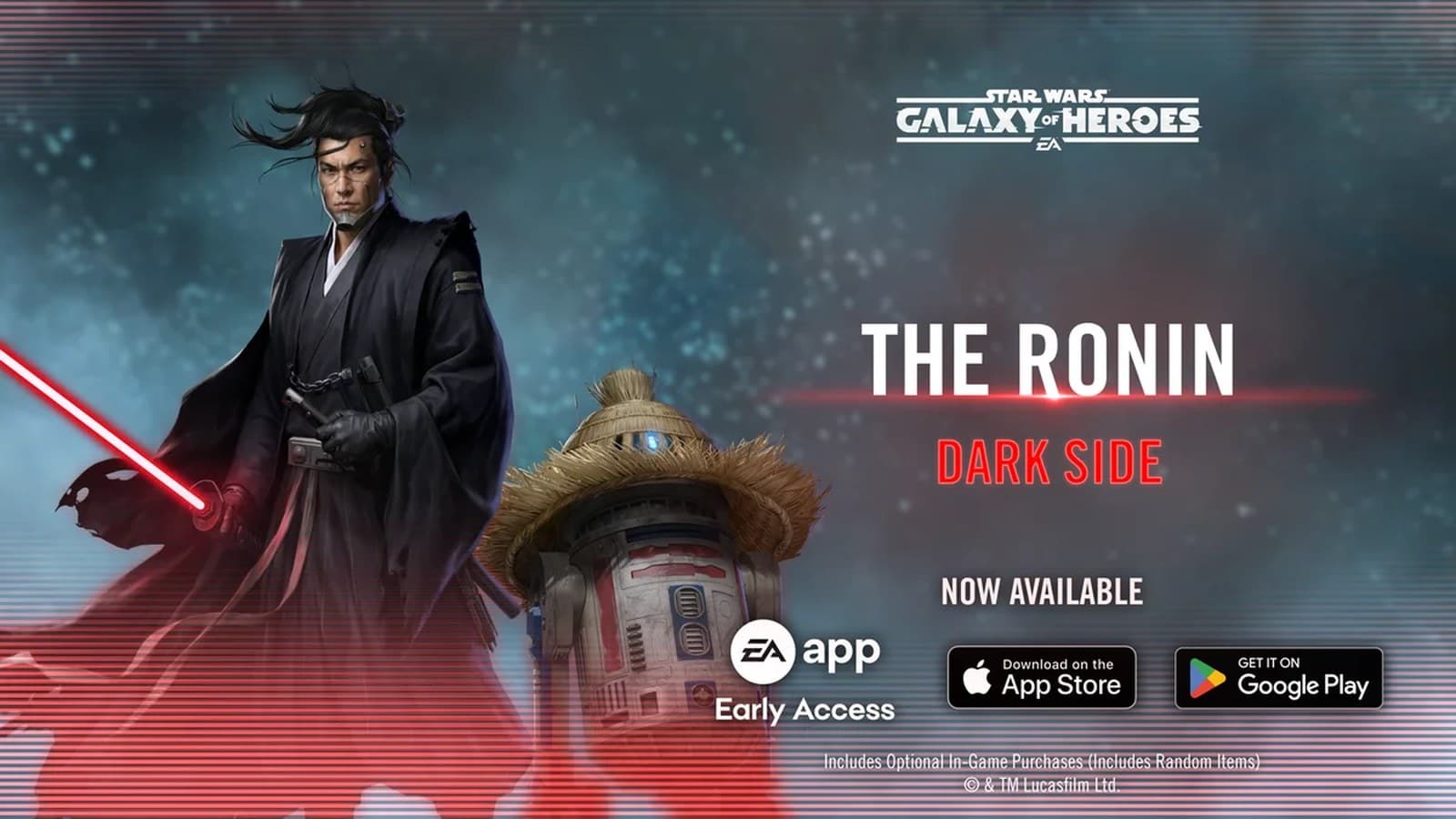 The Ronin in black robes with a red lightsaber, beside the astromech R5-D56 in a straw hat, in EA's Era of Myths and Legends art for Galaxy of Heroes